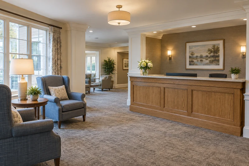 Welcoming assisted living reception with oak desk and comfortable upright chairs