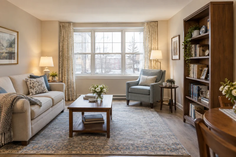 Senior living apartment living room with comfortable sofa and personal bookshelf