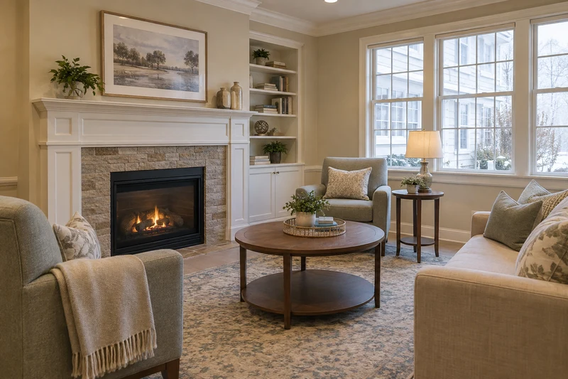 Quiet family visiting room with warm neutral furnishings